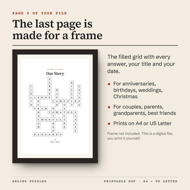 The keepsake page from the sample crossword shown in a drawn frame: the filled grid with every answer, the title Our Story and est. 2019. The frame is not included; this is a digital file