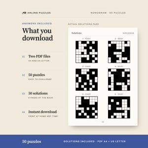 A real solutions page. 50 printable Nonogram puzzles, easy to challenge. PDF for A4 and US Letter, all solutions included.