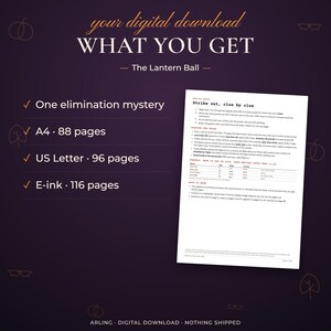 What you get. The Lantern Ball. One elimination mystery. A4 · 88 pages. US Letter · 96 pages. E-ink · 116 pages.