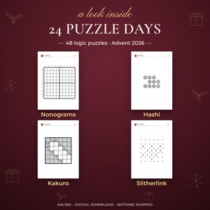 24 puzzle days. 48 logic puzzles · Advent 2026. Nonograms. Hashi. Kakuro. Slitherlink.