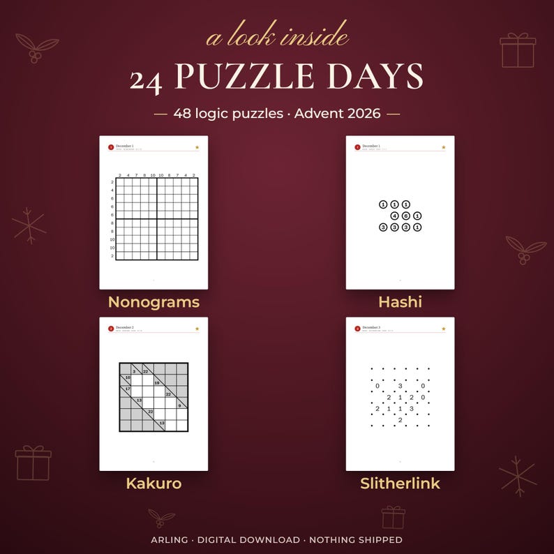 24 puzzle days. 48 logic puzzles · Advent 2026. Nonograms. Hashi. Kakuro. Slitherlink.
