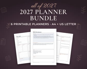 May include: A 2027 planner bundle featuring six printable planners in A4 and US Letter sizes. The display shows three white pages with black text, including a goal plan page and an about this planner page with instructions.