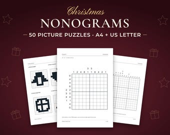 クリスマス・ノノグラム・パズルブック、お祝いムード満点の絵を使った論理パズル50問、印刷可能なPDF（A4およびUSレターサイズ）、解答付き