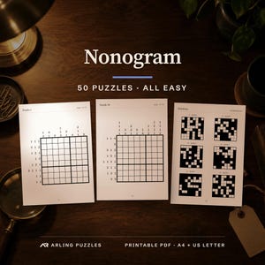 Cover with a real puzzle page. 50 printable Nonogram puzzles, all easy. PDF for A4 and US Letter, all solutions included.
