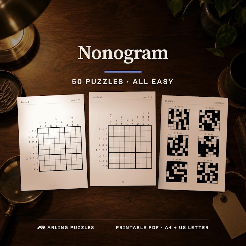 Cover with a real puzzle page. 50 printable Nonogram puzzles, all easy. PDF for A4 and US Letter, all solutions included.