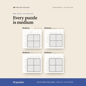 The levels shown as real grids. 50 printable Nonogram puzzles, all medium. PDF for A4 and US Letter, all solutions included.