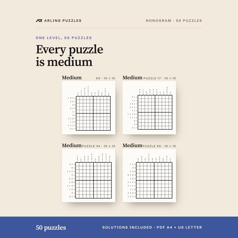 The levels shown as real grids. 50 printable Nonogram puzzles, all medium. PDF for A4 and US Letter, all solutions included.
