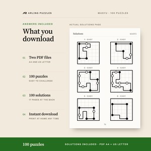 A real solutions page. 100 printable Masyu puzzles, easy to challenge. PDF for A4 and US Letter, all solutions included.