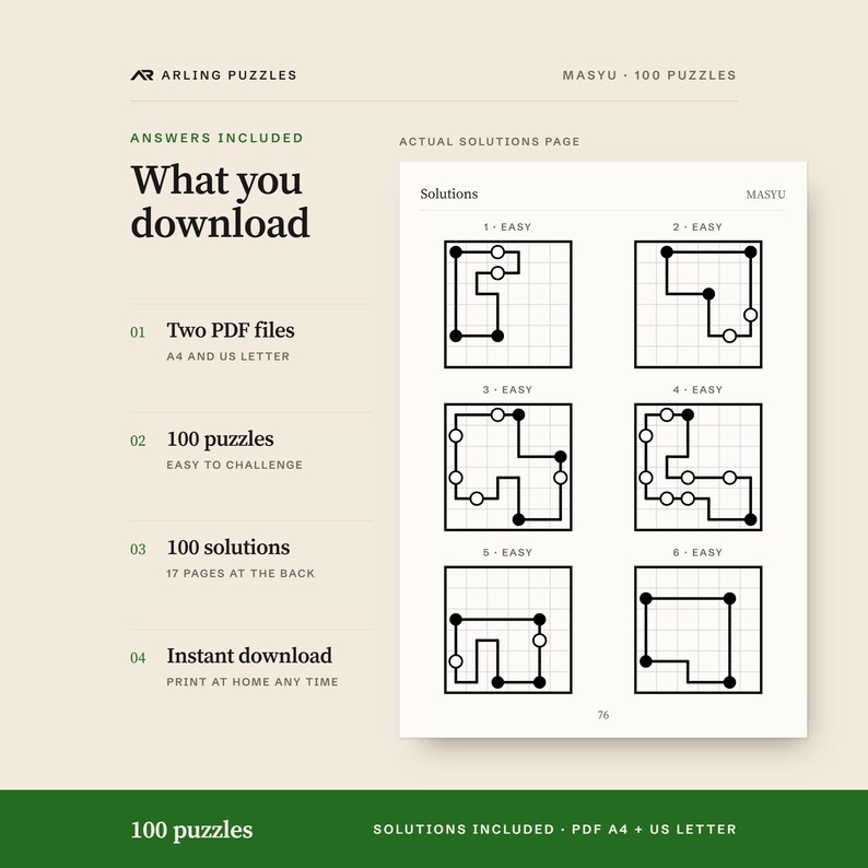A real solutions page. 100 printable Masyu puzzles, easy to challenge. PDF for A4 and US Letter, all solutions included.