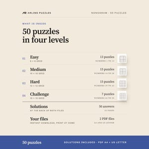 What is inside, level by level. 50 printable Nonogram puzzles, easy to challenge, large print. PDF for A4 and US Letter, all solutions included.