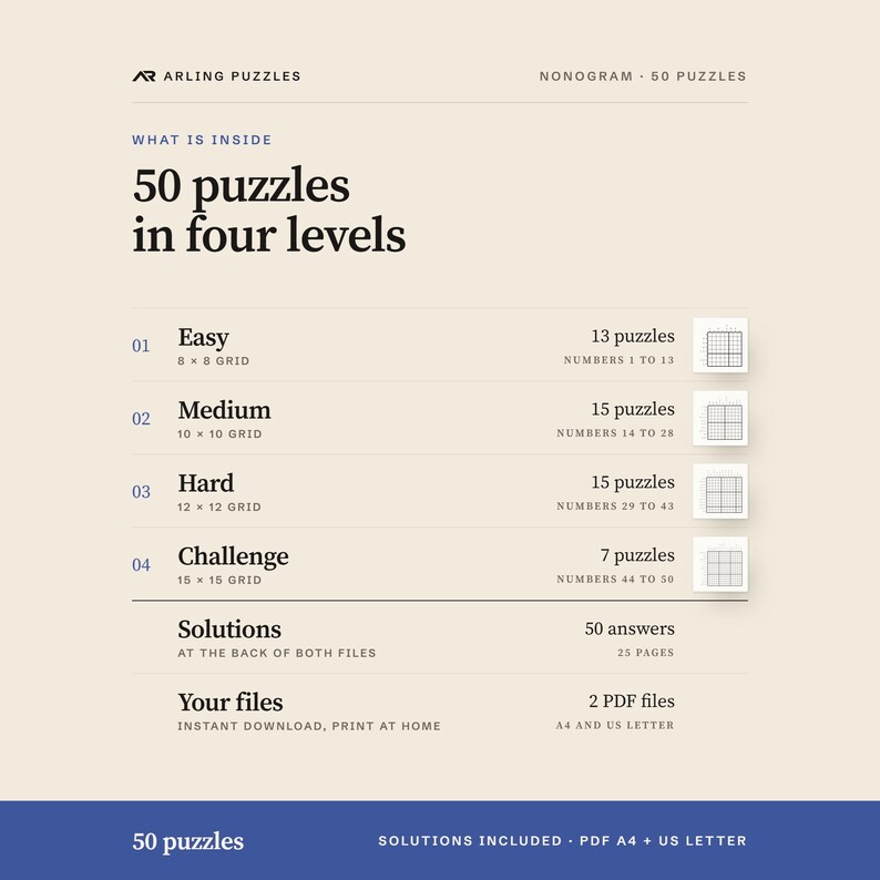 What is inside, level by level. 50 printable Nonogram puzzles, easy to challenge, large print. PDF for A4 and US Letter, all solutions included.