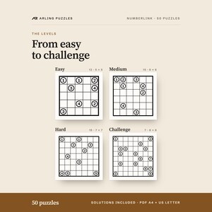 The levels shown as real grids. 50 printable Numberlink puzzles, easy to challenge, large print. PDF for A4 and US Letter, all solutions included.