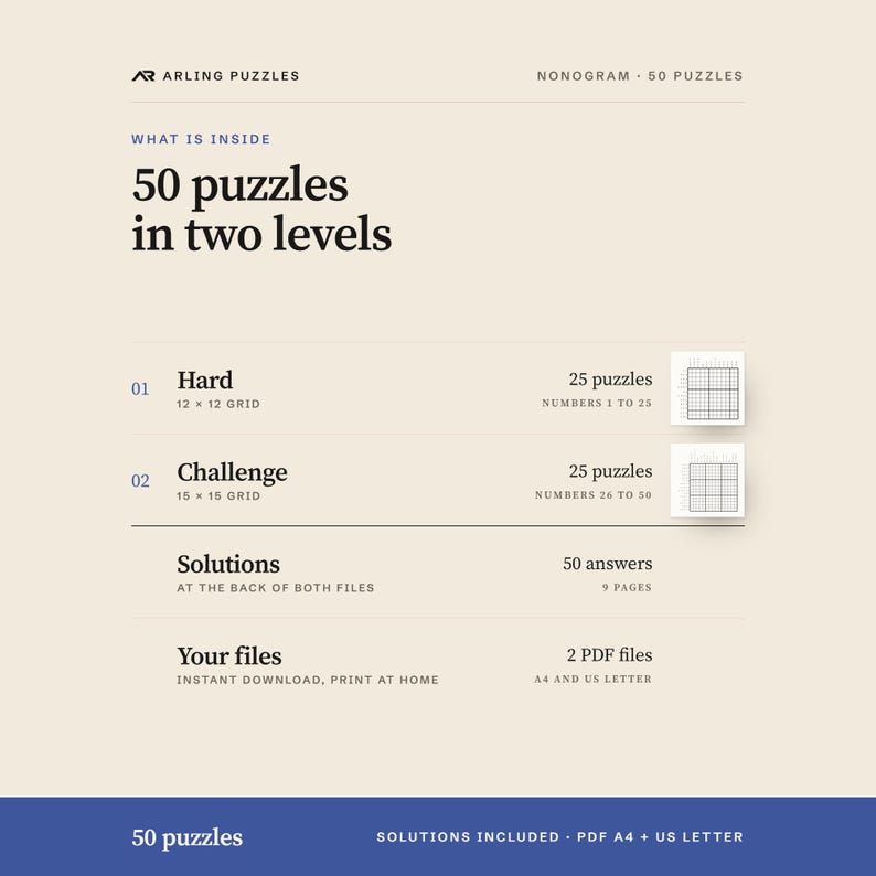 What is inside, level by level. 50 printable Nonogram puzzles, hard and challenge. PDF for A4 and US Letter, all solutions included.
