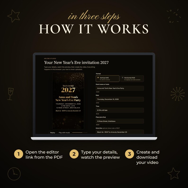 How it works: open the editor link from the PDF, type your details and watch the live preview, then click Create my video and download it. Screenshot of the real online editor.