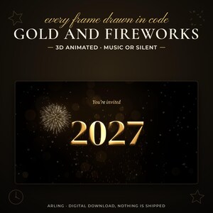 Close-up of the golden 2027 in the video with falling fireworks sparks. 3D animated and drawn in code, about 17 seconds with music or silent.