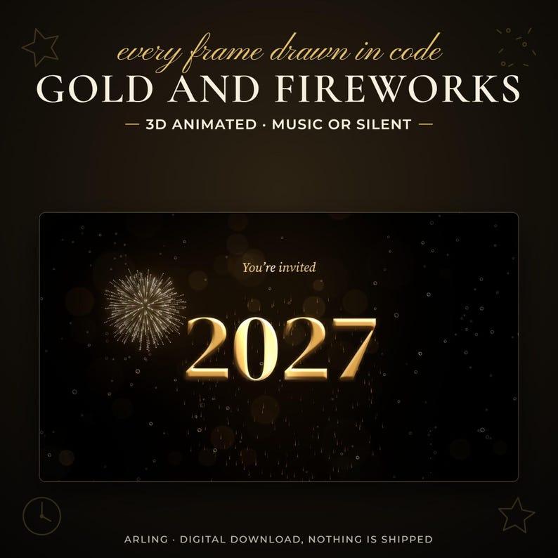 Close-up of the golden 2027 in the video with falling fireworks sparks. 3D animated and drawn in code, about 17 seconds with music or silent.