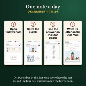 How it works: open the note of the day, solve the puzzle, find the answer on the Star Board and write its letter on the Star Map. Real pages from the PDF.
