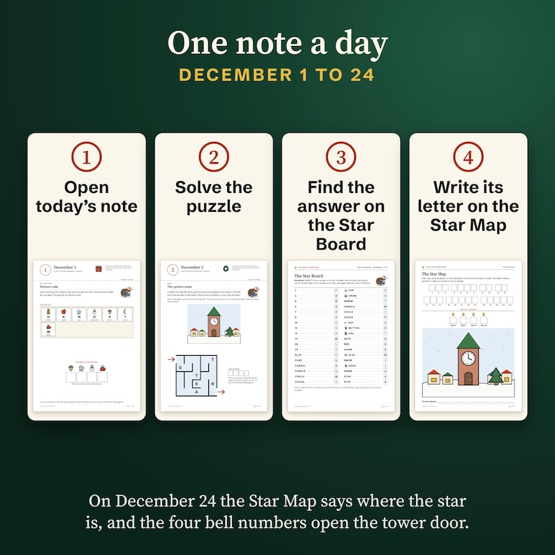 How it works: open the note of the day, solve the puzzle, find the answer on the Star Board and write its letter on the Star Map. Real pages from the PDF.