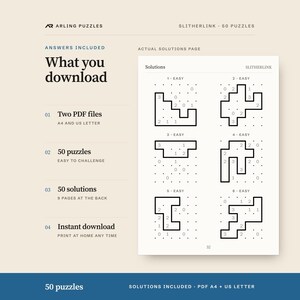 A real solutions page. 50 printable Slitherlink puzzles, easy to challenge. PDF for A4 and US Letter, all solutions included.