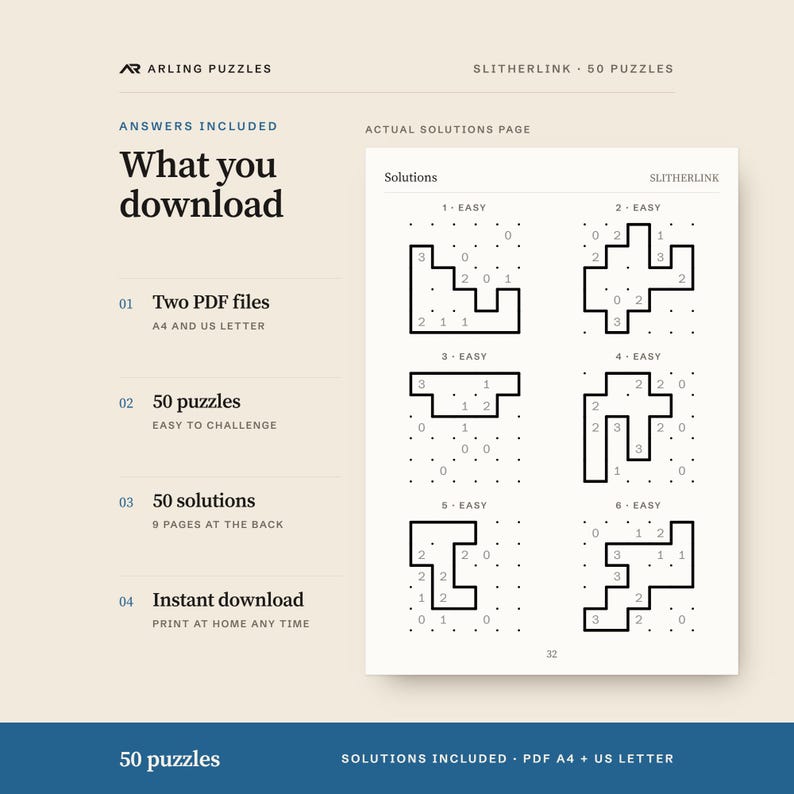 A real solutions page. 50 printable Slitherlink puzzles, easy to challenge. PDF for A4 and US Letter, all solutions included.