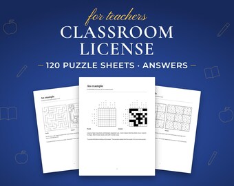 Classroom License Puzzle Bundle, 120 Logic Worksheets with Answers, Sudoku Nonograms Mazes Slitherlink, One Teacher, A4 Letter
