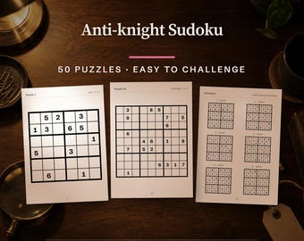 Anti-knight Sudoku Puzzle Book, 50 Printable Logic Puzzles (PDF A4 & US Letter)