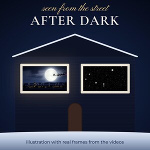 Illustration of a house at night with two windows showing the projected scenes from the street.