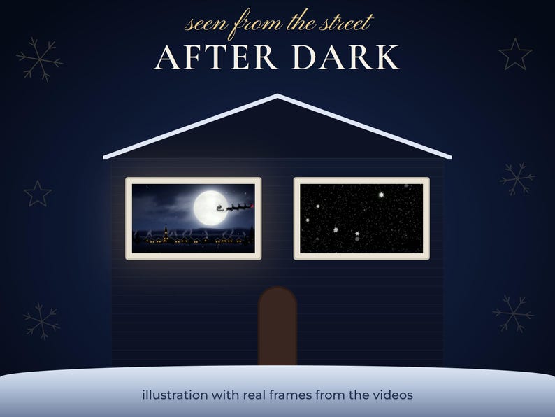 Illustration of a house at night with two windows showing the projected scenes from the street.