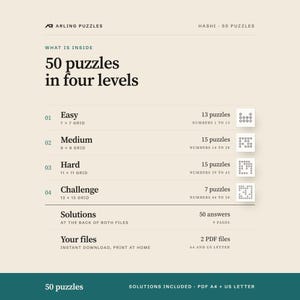 What is inside, level by level. 50 printable Hashi puzzles, easy to challenge. PDF for A4 and US Letter, all solutions included.