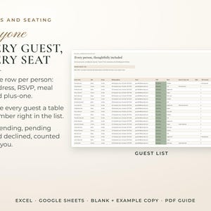 Ultimate Wedding Planner, the Guest List tab with example data. One row per person: address, RSVP, meal and plus-one. Give every guest a table number right in the list. Attending, pending and declined, counted for you.