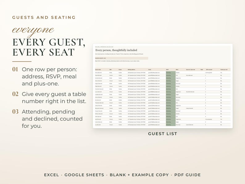 Ultimate Wedding Planner, the Guest List tab with example data. One row per person: address, RSVP, meal and plus-one. Give every guest a table number right in the list. Attending, pending and declined, counted for you.