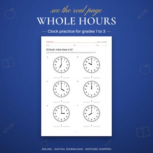 Whole hours. Clock practice for grades 1 to 3.