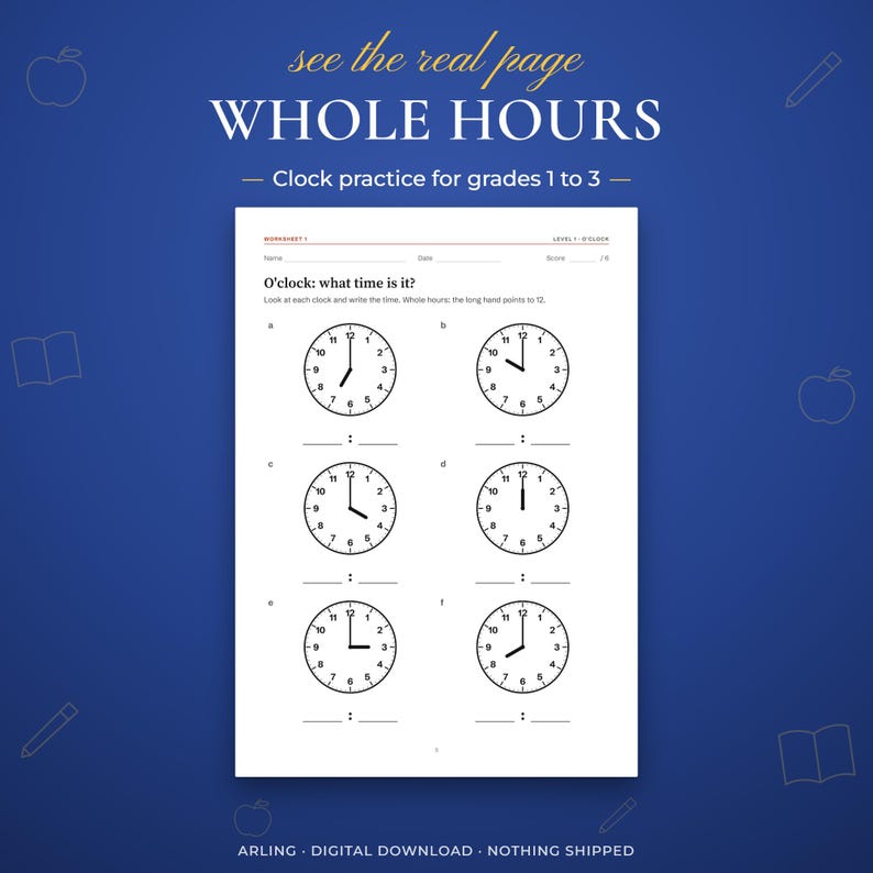 Whole hours. Clock practice for grades 1 to 3.