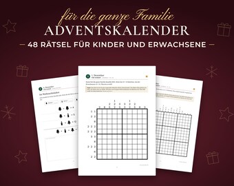 Familien Adventskalender mit Rätseln für Kinder und Erwachsene, 24 Tage, jeder Tag in zwei Stufen, PDF zum Ausdrucken mit Lösungen