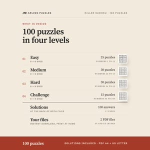 What is inside, level by level. 100 printable Killer Sudoku puzzles, easy to challenge. PDF for A4 and US Letter, all solutions included.