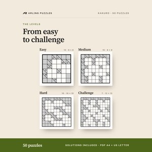 The levels shown as real grids. 50 printable Kakuro puzzles, easy to challenge. PDF for A4 and US Letter, all solutions included.