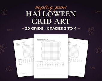 Halloween Mystery Grid Coloring Worksheets, 20 Pictures, Grades 2-4 (PDF)