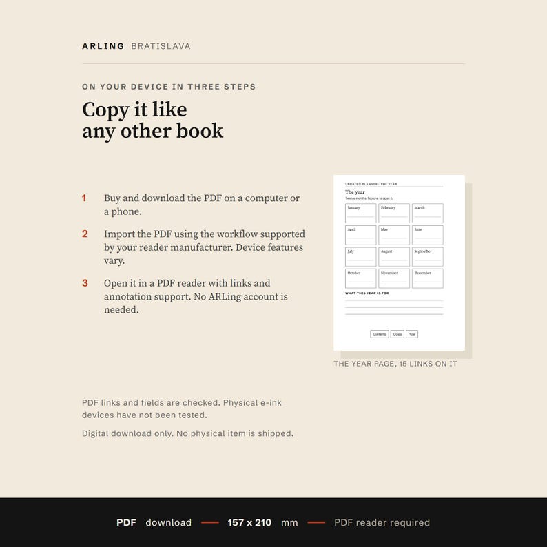 Three steps for using the planner in a compatible PDF reader, with the real year page shown. Physical e-ink devices have not been tested.