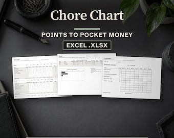 Kids Chore Chart and Allowance Tracker Spreadsheet for Excel, Weekly Chores, Points to Pocket Money, Save Spend Give
