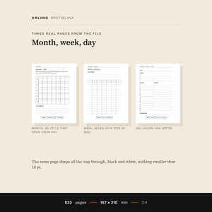Three real pages from the file side by side: a month grid, a week of seven days and a day page with an hour column and notes.