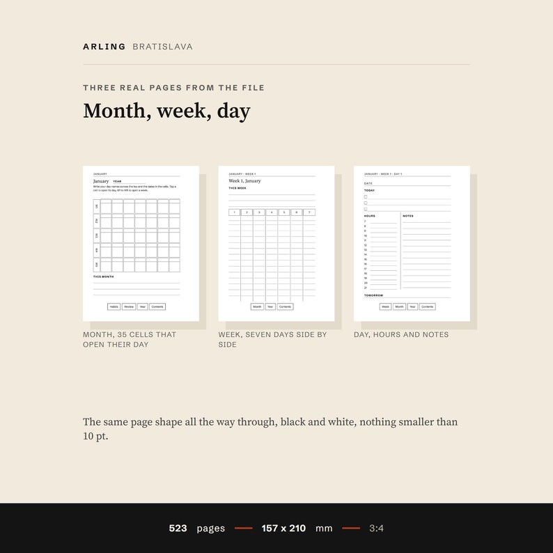 Three real pages from the file side by side: a month grid, a week of seven days and a day page with an hour column and notes.