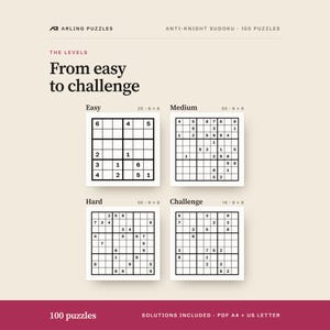 The levels shown as real grids. 100 printable Anti-knight Sudoku puzzles, easy to challenge. PDF for A4 and US Letter, all solutions included.