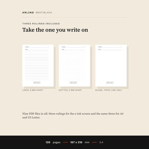 The three rulings of the journal side by side: lined 8 mm apart, a dot grid 5 mm apart, and blank with a topic line.