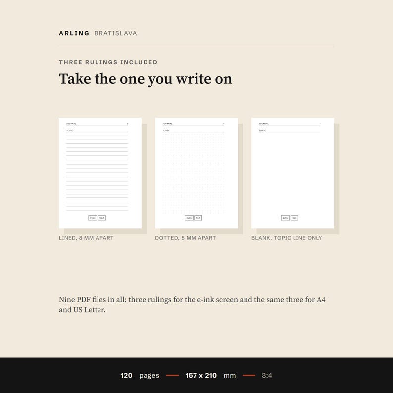 The three rulings of the journal side by side: lined 8 mm apart, a dot grid 5 mm apart, and blank with a topic line.