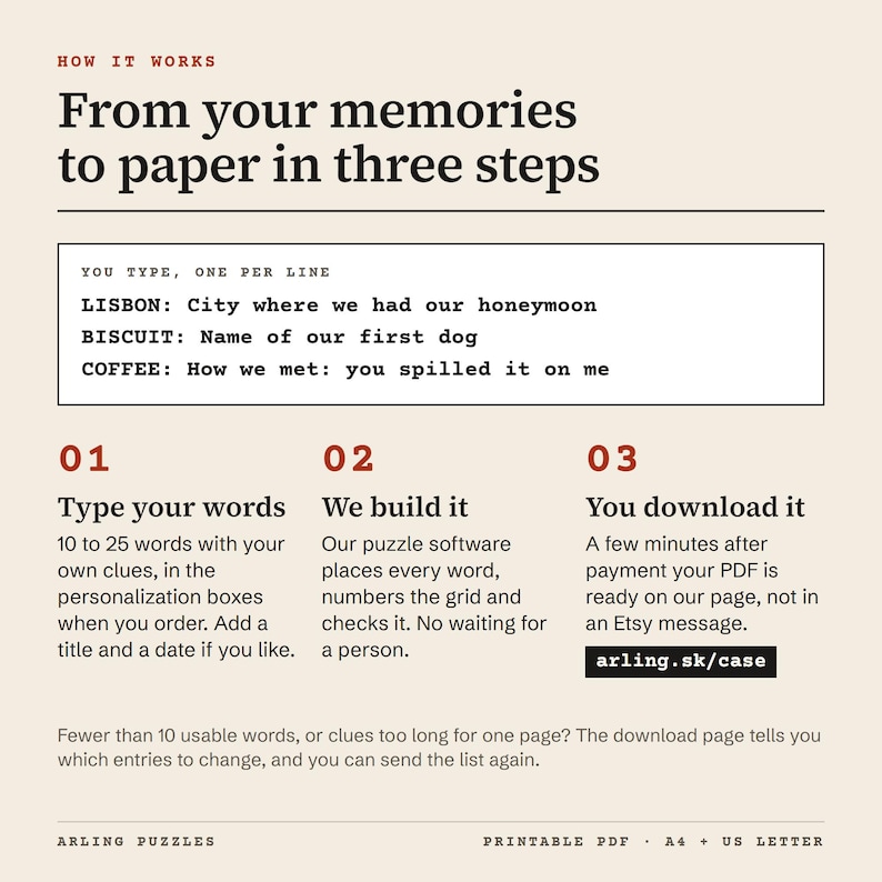 How it works in three steps: type 10 to 25 words with your own clues when you order, our puzzle software builds and checks the crossword, and you download the PDF at arling.sk/case a few minutes after payment