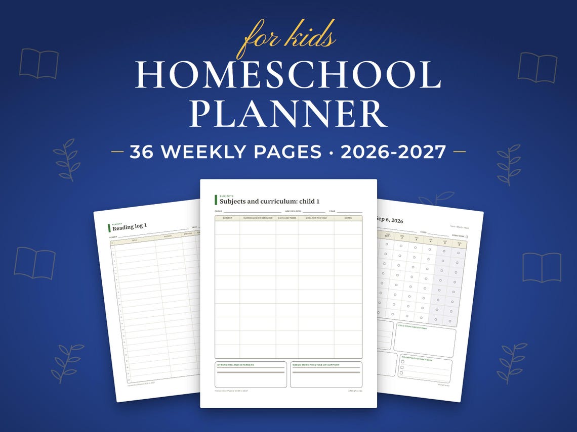 2026-2027 Homeschool Planner, 36 Week Lesson Plans, Reading Logs (PDF
