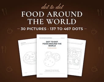 May include: A dot to dot activity book titled Food Around The World featuring 30 pictures with 137 to 467 dots. The cover displays a line drawing of cookies and the text for adults and teens. Two interior pages show dot to dot outlines.
