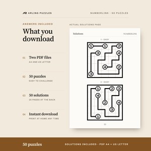 A real solutions page. 50 printable Numberlink puzzles, easy to challenge, large print. PDF for A4 and US Letter, all solutions included.