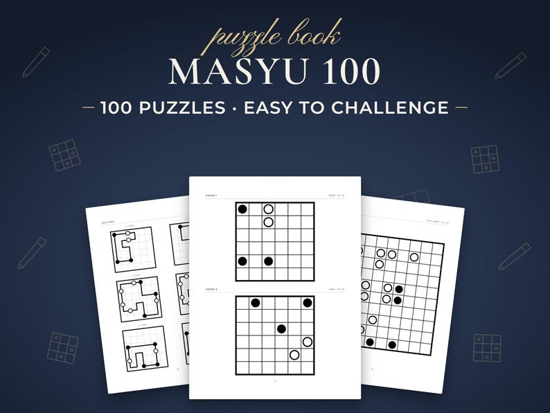 Masyu 100, 100 puzzles · easy to challenge. Real pages from the PDF you download.
