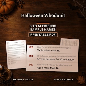 Personalized Halloween murder mystery puzzle, printable PDF. Real pages from the sample case on a desk: a close-up of the clue page where sample friends Liam Turner, Olivia Brooks and Noah Bennett are the witnesses, a story and a register page.